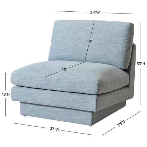 Linen Blend Down Feather Upholstered Accent Chair – Blue Modern Armless Slipper Chair | Soft Linen Blend Lounge Chair with Removable Cushions | Kinwell Furniture | Oversized Accent Chair