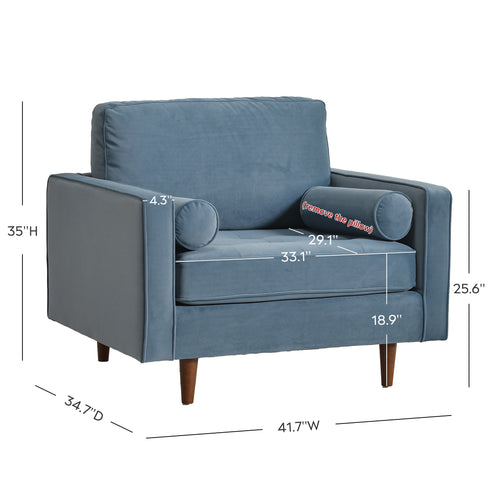 Tiziano Tufted Armchair – Blue Velvet Accent Chair with Pillows | Mid-Century Lounge Chair | Kinwell Furniture