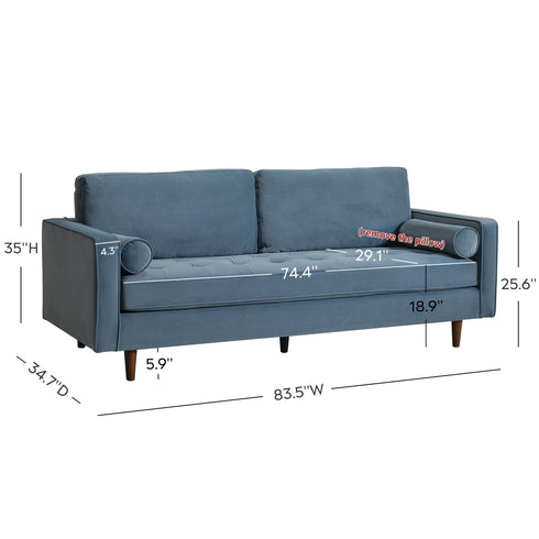 Tiziano Tufted 3-Seater Sofa – Blue Velvet Couch with Accent Pillows | Mid-Century Modern Sofa | Kinwell Furniture