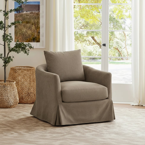 Eliza Slipcover Swivel Barrel Chair – Brown Swivel Armchair | Washable Slipcover Chair | Kinwell Furniture | Cozy Lounge Chair