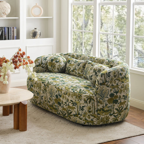 Ashlie Embroidered Fabric Loveseat – Jungle Animal Print Loveseat Sofa | Modern Upholstered Loveseat | Embroidered Fabric Loveseat Sofa | Kinwell Furniture | Two-Seater Accent Sofa | Embroidered Fabric Couch | Living Room Loveseat | Statement Loveseat Sofa
