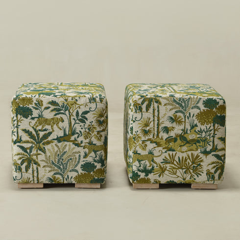 Jungle Animal Print Embroidered Fabric Square Ottoman | Embroidered Fabric Footstool | Modern Decorative Accent | Upholstered Accent Seating | Living Room Furniture | Statement Fabric Design | Kinwell Furniture