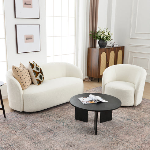 Everitte Bouclé Loveseat Sofa & Swivel Barrel Chair Set | Modern Fabric Loveseat Couch & Accent Swivel Chair | Kinwell Furniture | Comfortable Loveseat Sofa & Swivel Armchair Combo | Modern Living Room Furniture Set