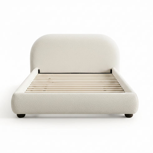 Harriet Bouclé Bed Frame with Headboard – Cream Upholstered Platform Bed | Queen Size | Kinwell Furniture