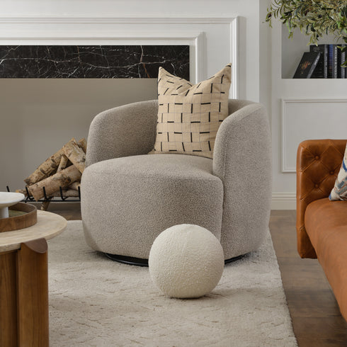 Ashlie Bouclé Swivel Barrel Chair - Taupe Modern Swivel Chair | Swivel Accent Chairs | Kinwell Furniture | Swivel Armchairs