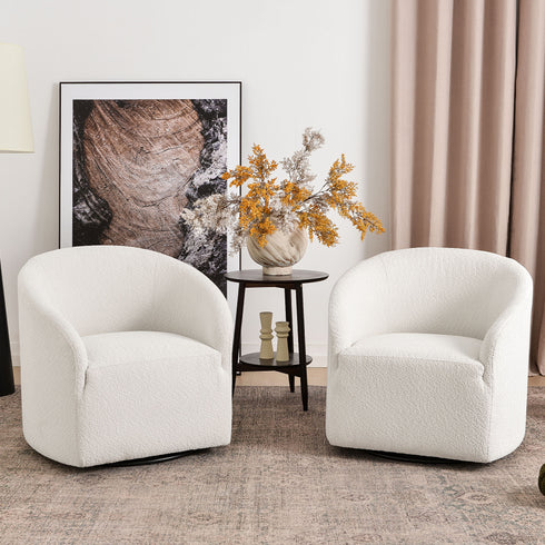 Susie Bouclé Swivel Barrel Chair - White Modern Swivel Chair | Swivel Accent Chairs | Kinwell Furniture | Swivel Armchairs