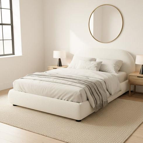 Harriet Boucle Platform Bed with Wood Legs