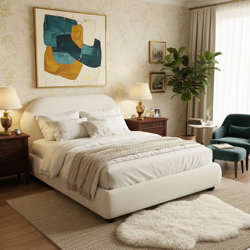 Harriet Boucle Platform Bed with Wood Legs
