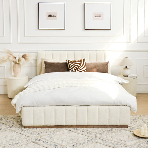 Agnes Bouclé Bed Frame with Headboard-White Modern Bed Frame | Platform Beds | Kinwell Furniture | Bedroom Bed Headboard