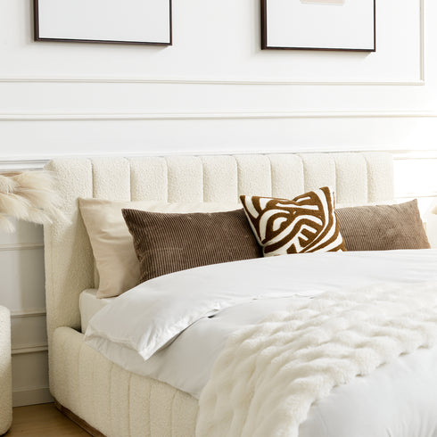 Agnes Bouclé Bed Frame with Headboard-White Modern Bed Frame | Platform Beds | Kinwell Furniture | Bedroom Bed Headboard