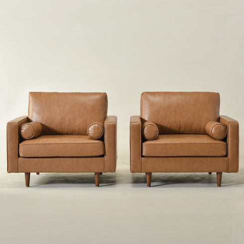 Tiziano Tufted Armchair – Camel Faux Leather Accent Chair with Pillows | Mid-Century Lounge Chair | Kinwell Furniture