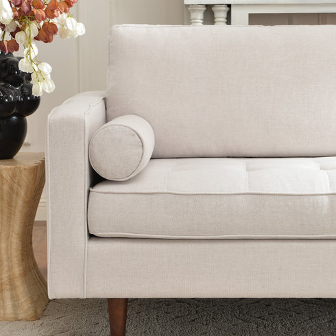 Tiziano Tufted 3-Seater Sofa – Ivory Linen Couch with Accent Pillows | Mid-Century Modern Sofa | Kinwell Furniture