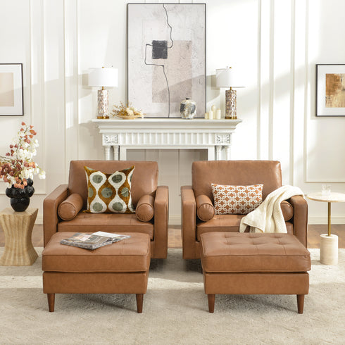 Tiziano Tufted Ottoman – Faux Leather Rectangular Footrest & Accent Seat | Mid-Century Upholstered Pouf | Camel Ottoman