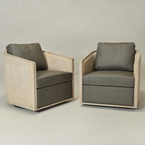 Claude Premium Leather Swivel Cane Chair - Modern Swivel Chair | Swivel Accent Chairs | Kinwell Furniture | Swivel Armchairs