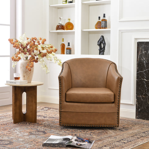 Lawton Faux Leather Tufted Swivel Chair – Camel Industrial Modern Swivel Chair | Faux Leather Office & Lounge Chair | Kinwell Furniture | High Back Chair
