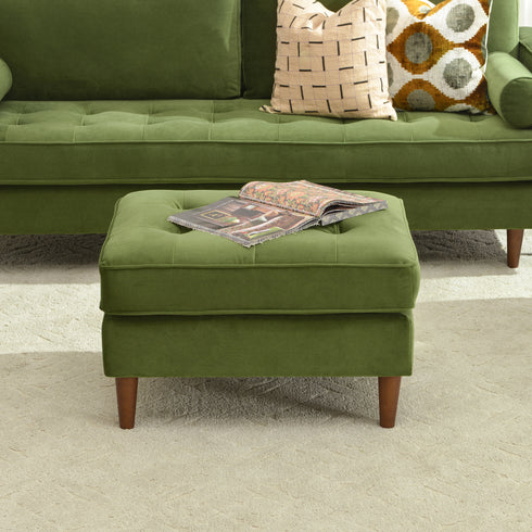 Tiziano Tufted Ottoman – Velvet Rectangular Footrest & Accent Seat | Mid-Century Upholstered Pouf | Green Ottoman