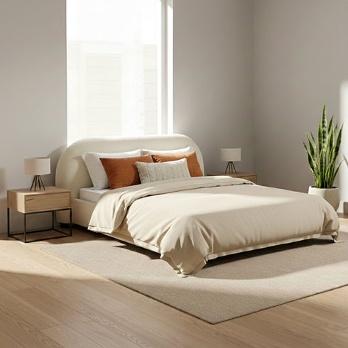 Harriet Boucle Platform Bed with Wood Legs