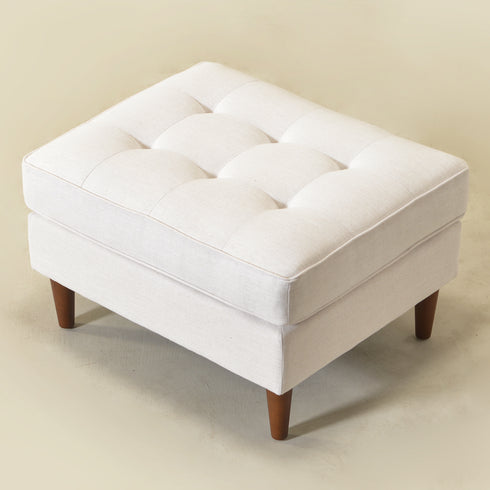 Tiziano Tufted Ottoman – Linen Rectangular Footrest & Accent Seat | Mid-Century Upholstered Pouf | Ivory Ottoman