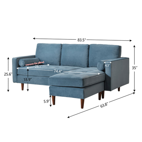 Tiziano Tufted 2-Piece Sectional Sofa – Blue Velvet Reversible Chaise Couch with Accent Pillows | Mid-Century Modern L-Shaped Sofa | Kinwell Furniture