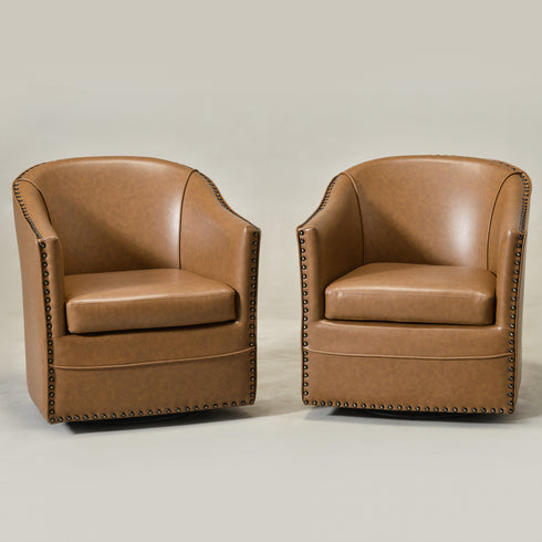 Lawton Faux Leather Tufted Swivel Chair – Camel Industrial Modern Swivel Chair | Faux Leather Office & Lounge Chair | Kinwell Furniture | High Back Chair