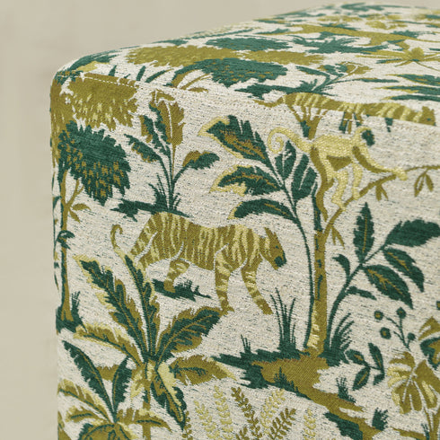 Jungle Animal Print Embroidered Fabric Square Ottoman | Embroidered Fabric Footstool | Modern Decorative Accent | Upholstered Accent Seating | Living Room Furniture | Statement Fabric Design | Kinwell Furniture
