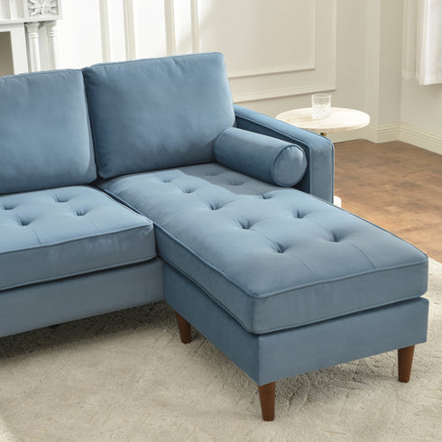 Tiziano Tufted 2-Piece Sectional Sofa – Blue Velvet Reversible Chaise Couch with Accent Pillows | Mid-Century Modern L-Shaped Sofa | Kinwell Furniture