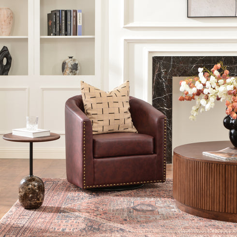Logan Faux Leather Tufted Swivel Club Chair - Red Modern Swivel Chair | Swivel Accent Chairs | Kinwell Furniture | Swivel Armchairs