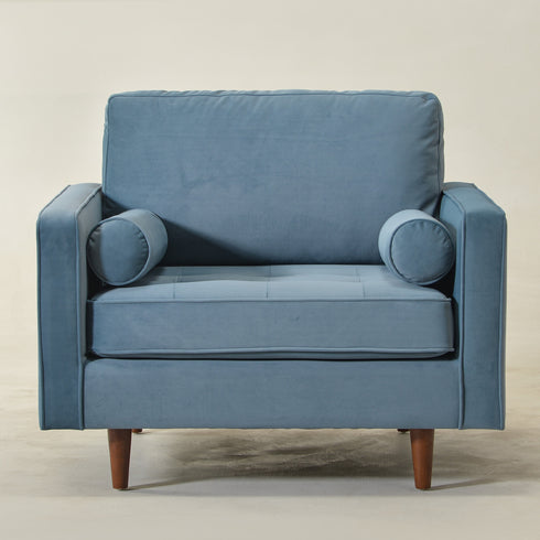 Tiziano Tufted Armchair – Blue Velvet Accent Chair with Pillows | Mid-Century Lounge Chair | Kinwell Furniture