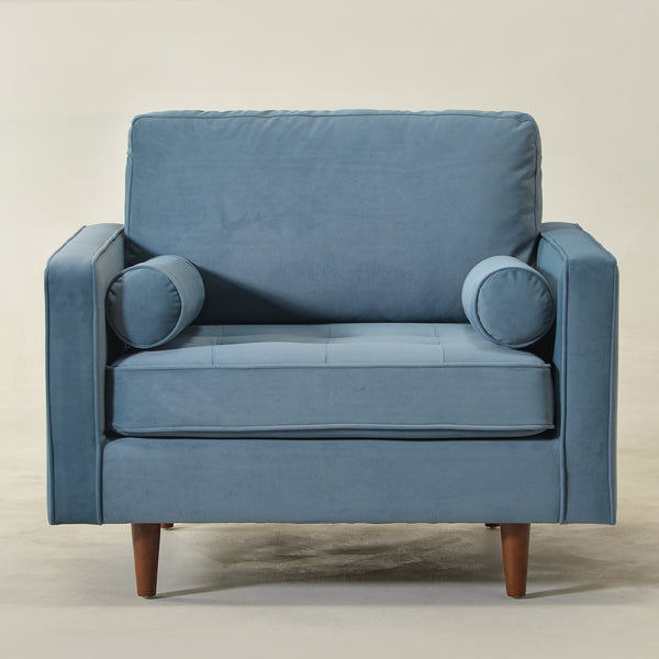 Tiziano Tufted Armchair – Blue Velvet Accent Chair with Pillows | Mid-Century Lounge Chair | Kinwell Furniture