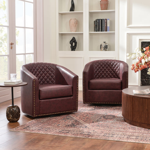Logan Faux Leather Tufted Swivel Club Chair - Red Modern Swivel Chair | Swivel Accent Chairs | Kinwell Furniture | Swivel Armchairs