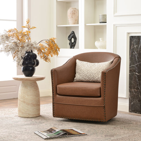 Lawton Faux Leather Tufted Swivel Chair – Brown Industrial Modern Swivel Chair | Faux Leather Office & Lounge Chair | Kinwell Furniture | High Back Chair