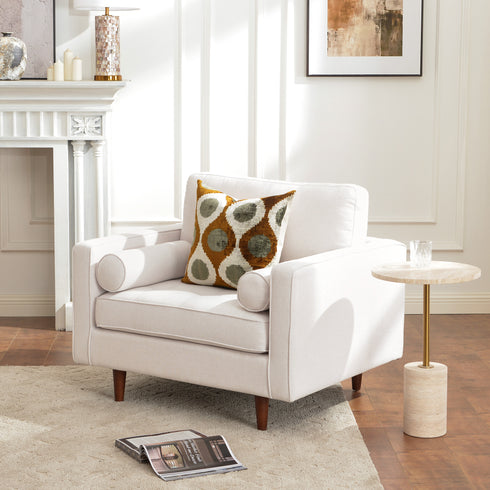 Tiziano Tufted Armchair – Ivory Linen Accent Chair with Pillows | Mid-Century Lounge Chair | Kinwell Furniture