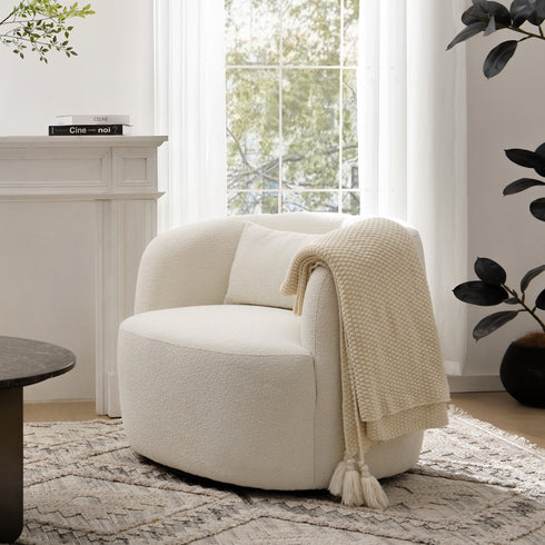 Ashlie Bouclé Swivel Barrel Chair - Comfortable Swivel Chair | Modern Swivel Chairs | Kinwell Furniture | Modern Swivel Chairs