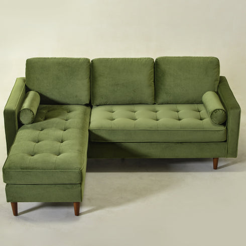 Tiziano Tufted 2-Piece Sectional Sofa – Green Velvet Reversible Chaise Couch with Accent Pillows | Mid-Century Modern L-Shaped Sofa | Kinwell Furniture