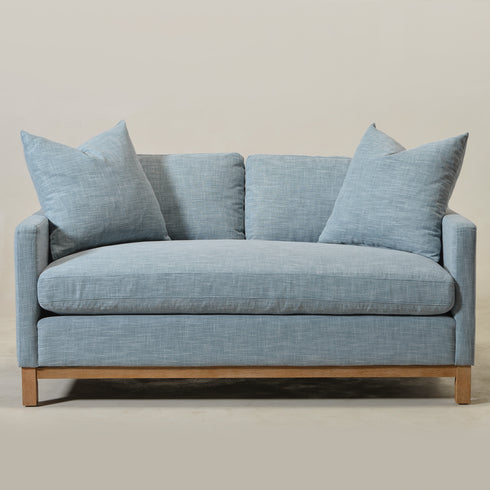 Goose Down Feathers Upholstered Loveseat – Blue Square Arm 2-Seater Sofa | Plush Feather-Filled Loveseat | Kinwell Furniture | Cloud-Soft, Timeless Design