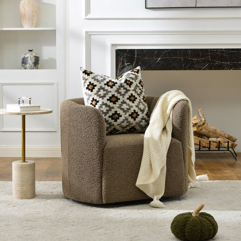 Wilton Bouclé Swivel Barrel Chair - Teddy Brown Petal Back Modern Swivel Chair | Swivel Accent Chairs | Kinwell Furniture | Swivel Armchairs