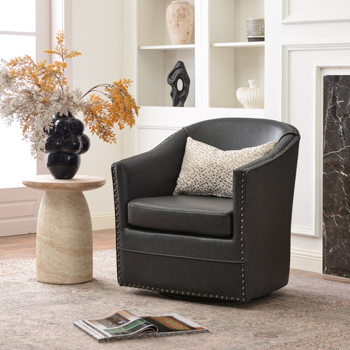 Lawton Faux Leather Tufted Swivel Chair – Black Industrial Modern Swivel Chair | Faux Leather Office & Lounge Chair | Kinwell Furniture | High Back Chair