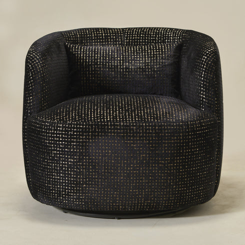 Ashlie Sculpted Jacquard Swivel Barrel Chair - Black & Gold Jacquard Swivel Chair | Sculpted Barrel Accent Chair | Modern Swivel Accent Chair | Upholstered Swivel Armchair | Kinwell Furniture | 360 Degree Swivel Barrel Chair | Embossed Jacquard Accent Chair | Living Room Accent Chairs | Luxury Statement Chair