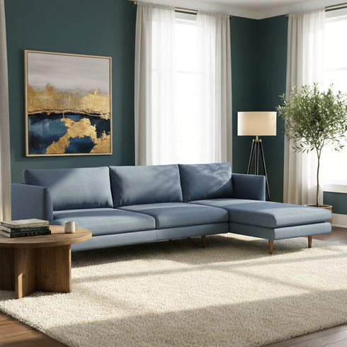 Samuel Tapered Arm Two-Piece Sectional – Velvet Blue Chaise Sectional Sofa | 3-Seater Couch | Kinwell Furniture | Mid-Century Modern Design