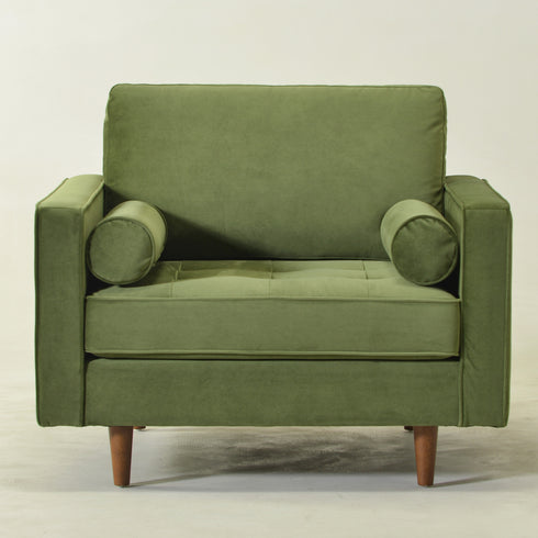 Tiziano Tufted Armchair – Green Velvet Accent Chair with Pillows | Mid-Century Lounge Chair | Kinwell Furniture