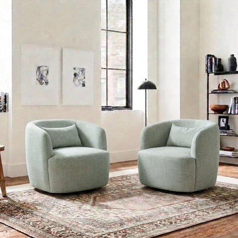 Ashlie Linen Swivel Barrel Chair - Light Green Modern Swivel Chair | Swivel Accent Chairs | Kinwell Furniture | Swivel Armchairs