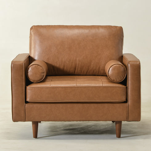 Tiziano Tufted Armchair – Camel Faux Leather Accent Chair with Pillows | Mid-Century Lounge Chair | Kinwell Furniture