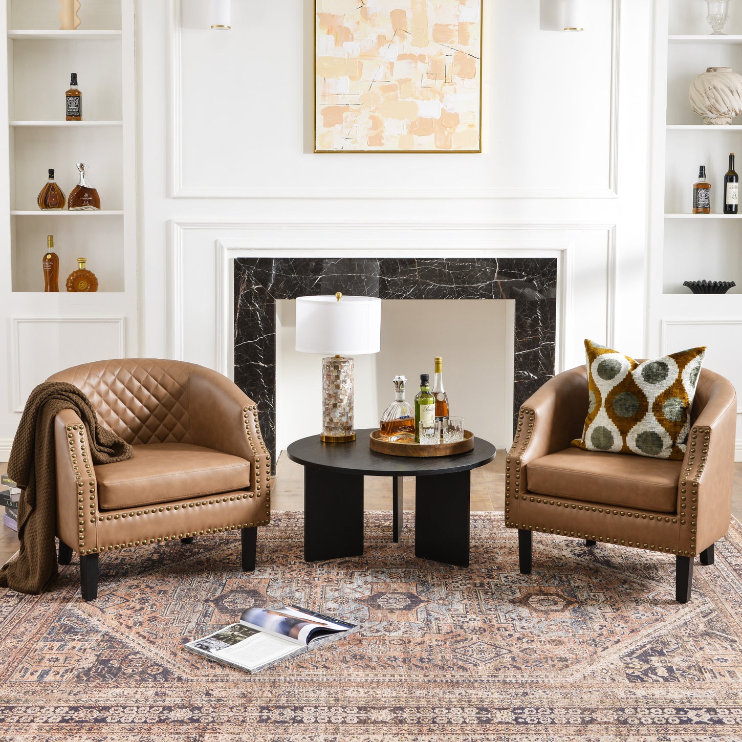 Louis Faux Leather Tufted Club Chair - Camel Accent Chair | Decorative Accent Chairs | Kinwell Furniture | Modern Club Chairs | Barrel Club Chair | Nailhead Trim Chair | Contemporary Faux Leather Chair | Elegant Camel Chair