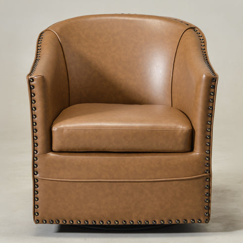 Lawton Faux Leather Tufted Swivel Chair – Camel Industrial Modern Swivel Chair | Faux Leather Office & Lounge Chair | Kinwell Furniture | High Back Chair