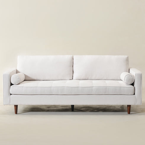 Tiziano Tufted 3-Seater Sofa – Ivory Linen Couch with Accent Pillows | Mid-Century Modern Sofa | Kinwell Furniture