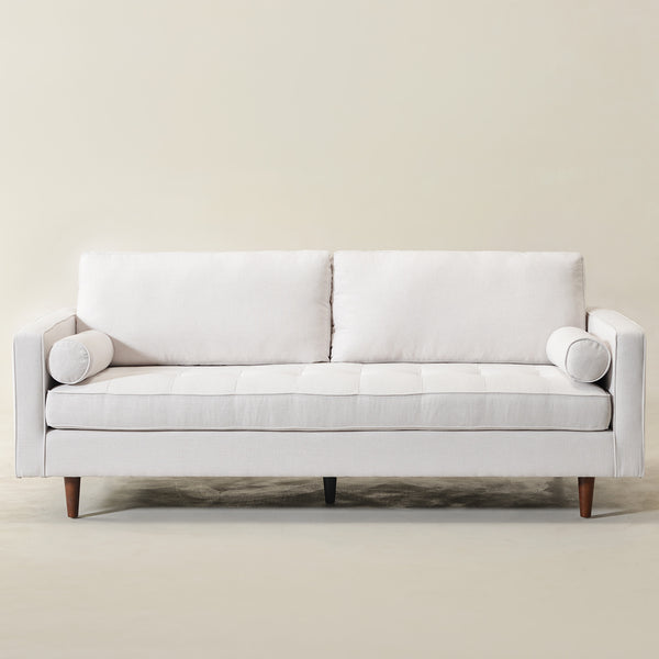 Tiziano Tufted 3-Seater Sofa – Ivory Linen Couch with Accent Pillows | Mid-Century Modern Sofa | Kinwell Furniture