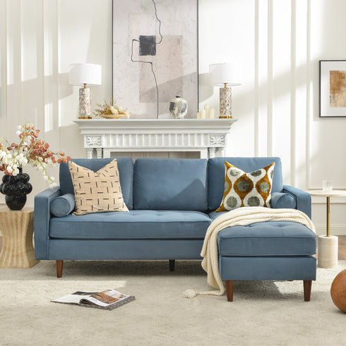 Tiziano Tufted 2-Piece Sectional Sofa – Blue Velvet Reversible Chaise Couch with Accent Pillows | Mid-Century Modern L-Shaped Sofa | Kinwell Furniture