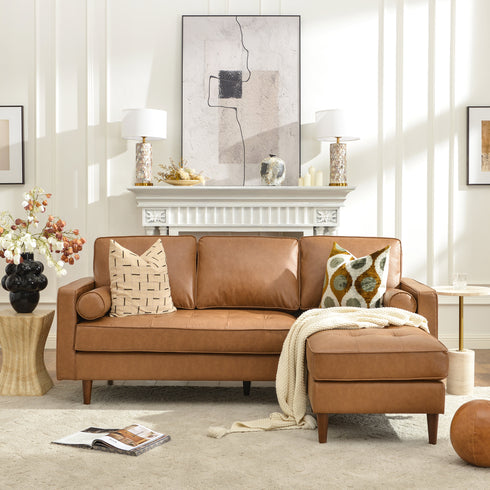 Tiziano Tufted 2-Piece Sectional Sofa – Camel Faux Leather Reversible Chaise Couch with Accent Pillows | Mid-Century Modern L-Shaped Sofa | Kinwell Furniture