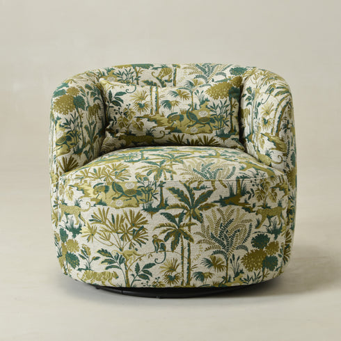 Ashlie Embroidered Fabric Swivel Chair - Jungle Animal Print Swivel Chair | Modern Swivel Accent Chair | Upholstered Swivel Armchair | Kinwell Furniture | 360 Degree Swivel Barrel Chair | Embroidered Fabric Armchair | Living Room Accent Chairs | Statement Swivel Chair