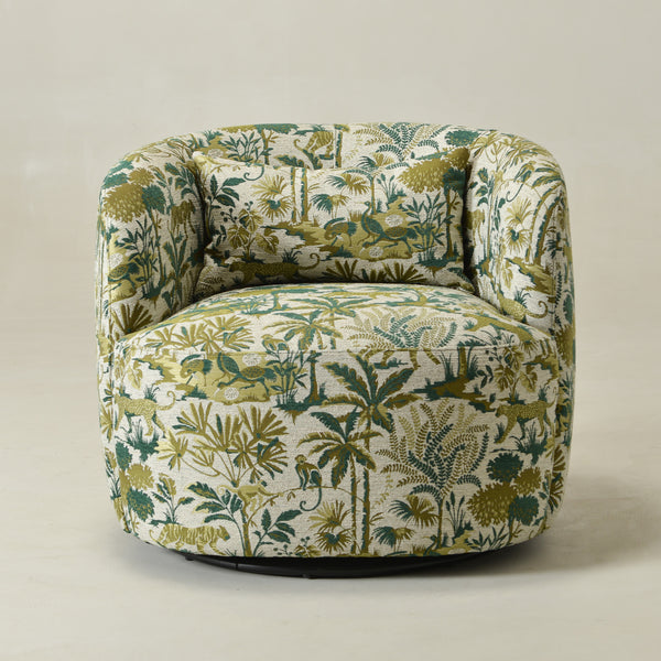 Ashlie Embroidered Fabric Swivel Chair - Jungle Animal Print Swivel Chair | Modern Swivel Accent Chair | Upholstered Swivel Armchair | Kinwell Furniture | 360 Degree Swivel Barrel Chair | Embroidered Fabric Armchair | Living Room Accent Chairs | Statement Swivel Chair
